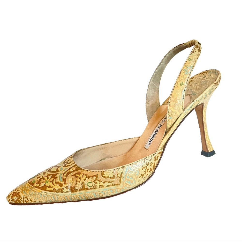 Manolo Slingback Leather Mules, Gold Tapestry